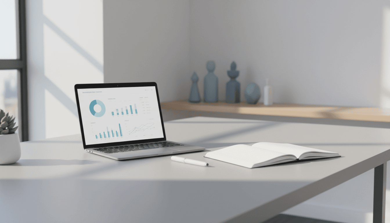 Professional workspace with laptop showing financial application interface