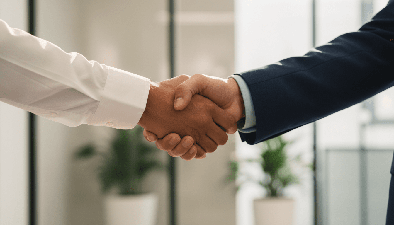 Two professionals shaking hands in agreement